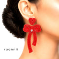 Raannii Earrings – Red Beaded Bow Heart Statement Dangler Earrings for Women