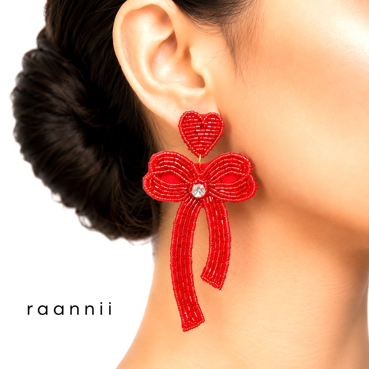 Raannii Earrings – Red Beaded Bow Heart Statement Dangler Earrings for Women