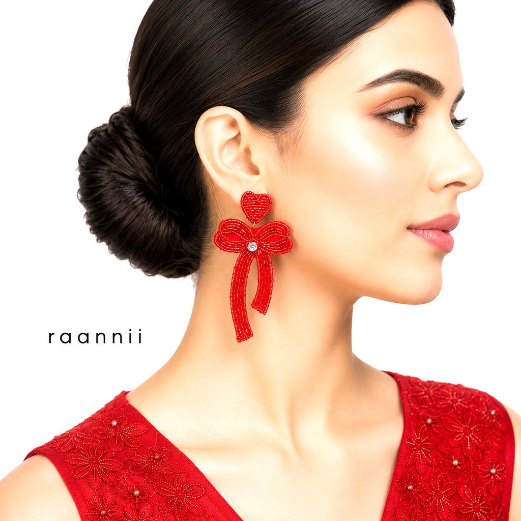 Raannii Earrings – Red Beaded Bow Heart Statement Dangler Earrings for Women