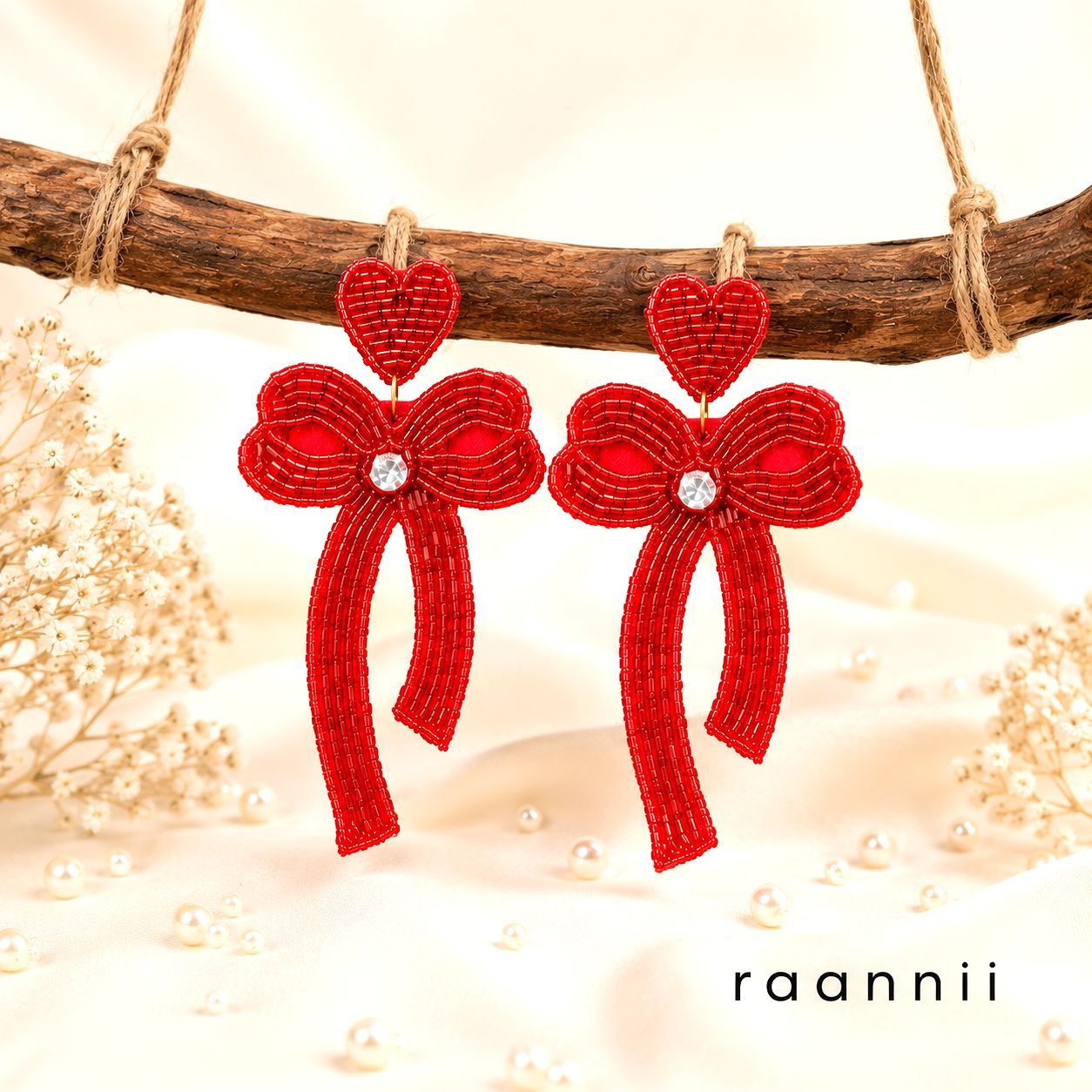 Raannii Earrings – Red Beaded Bow Heart Statement Dangler Earrings for Women