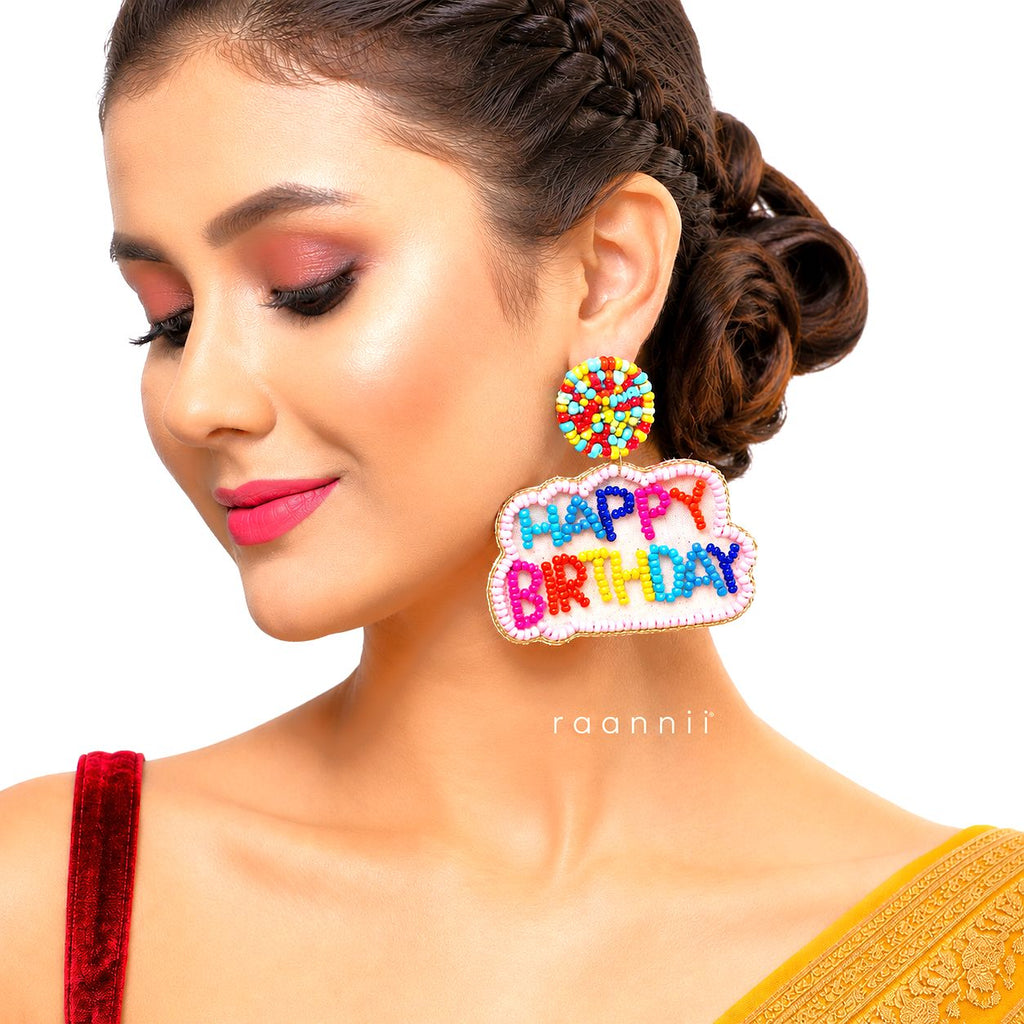 Raannii Earrings – Happy Birthday Beaded Statement Party Dangler Earrings for Women