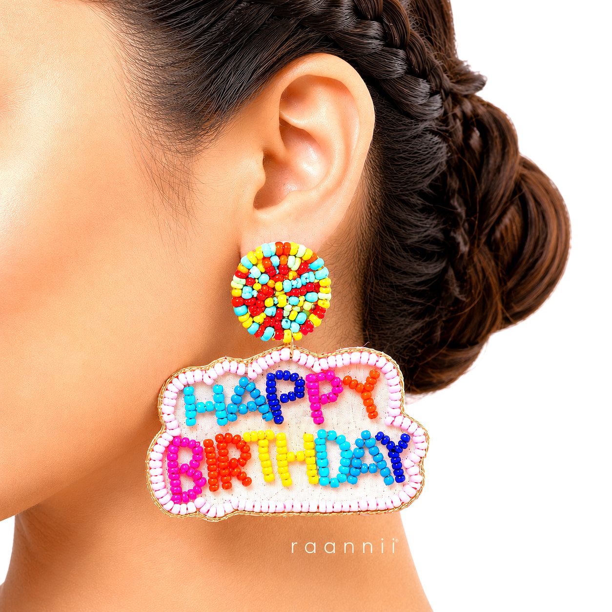 Raannii Earrings – Happy Birthday Beaded Statement Party Dangler Earrings for Women