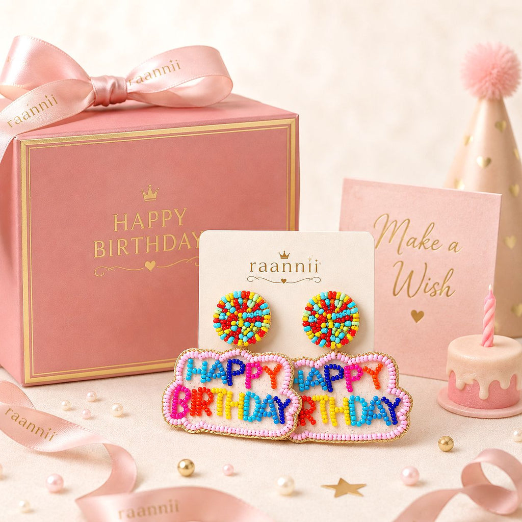Raannii Earrings – Happy Birthday Beaded Statement Party Dangler Earrings for Women