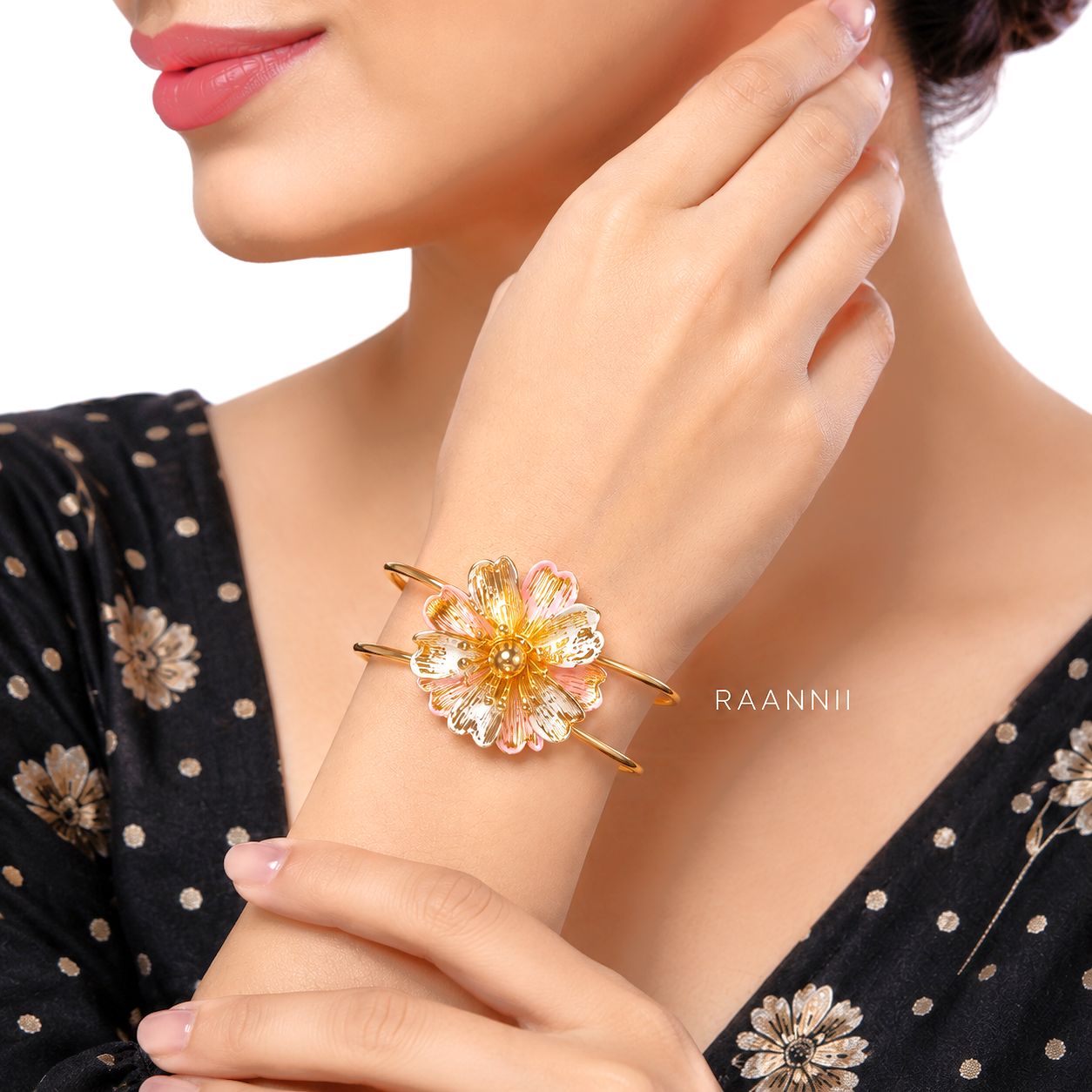 Raannii Bracelet - Gold Plated Floral Design Open Cuff Bracelet for Women