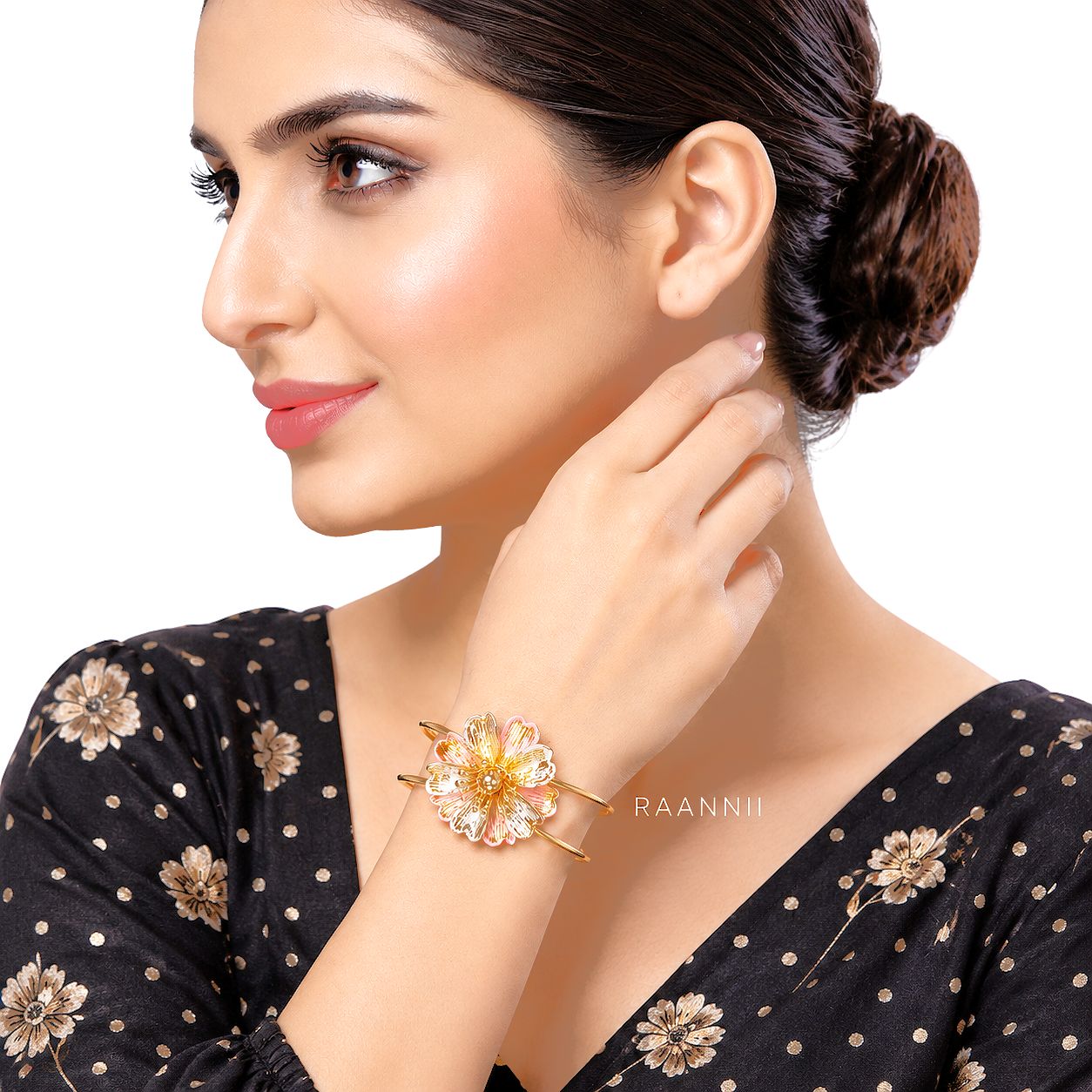 Raannii Bracelet - Gold Plated Floral Design Open Cuff Bracelet for Women