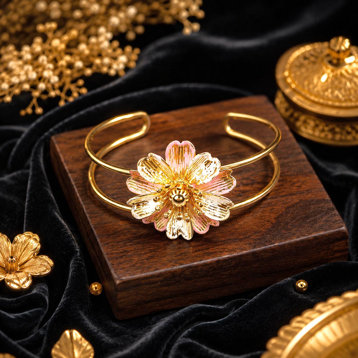 Raannii Bracelet - Gold Plated Floral Design Open Cuff Bracelet for Women