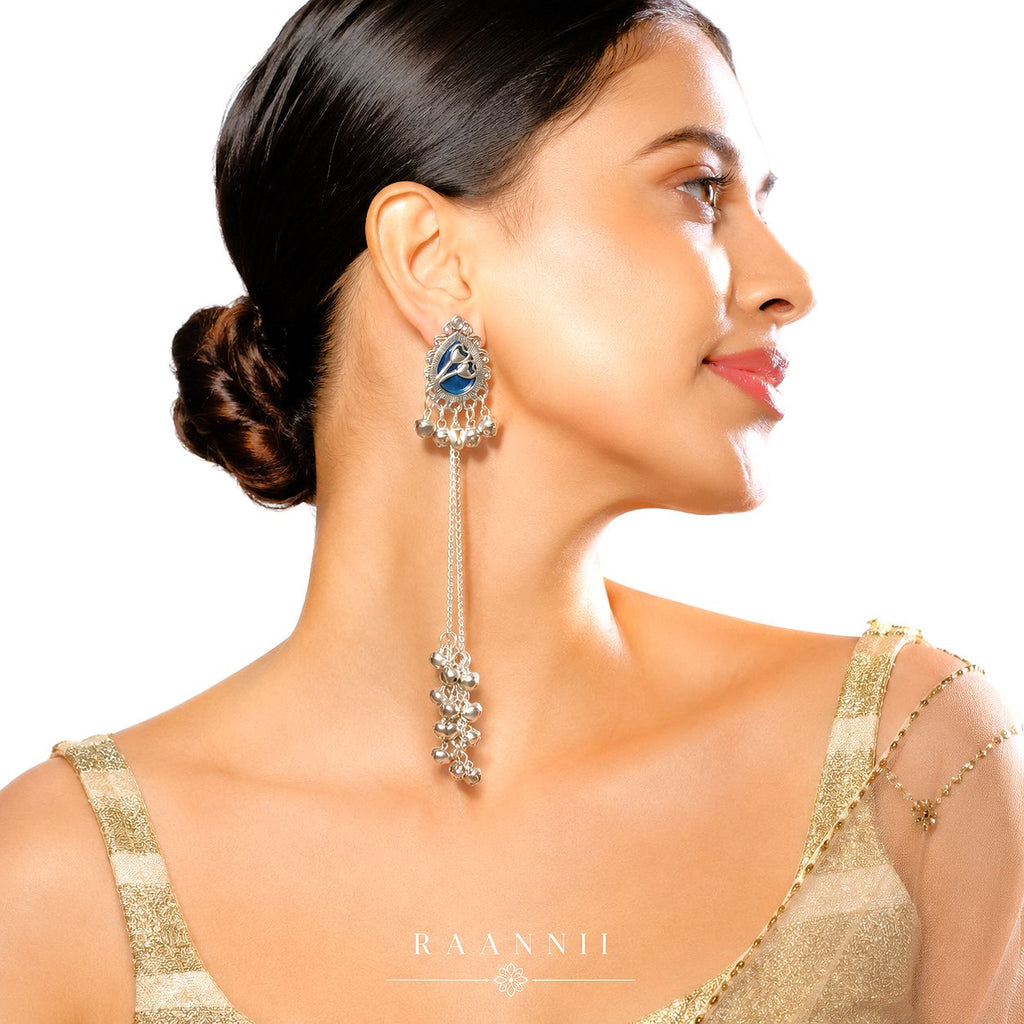 Raannii Royal Blue Kashmiri Long Chain Earrings
