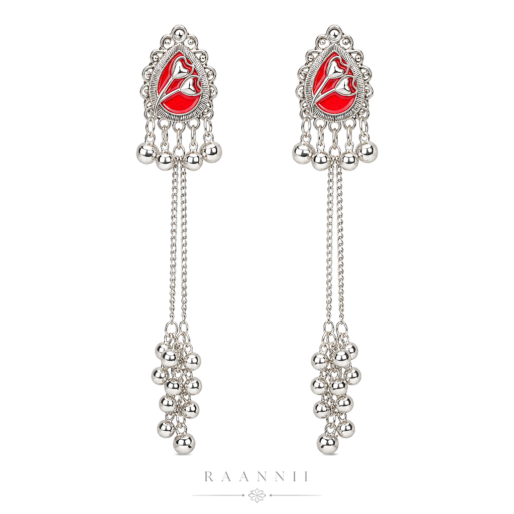 Raannii Ruby Red Kashmiri Long Chain Earrings