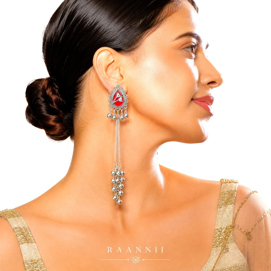 Raannii Ruby Red Kashmiri Long Chain Earrings