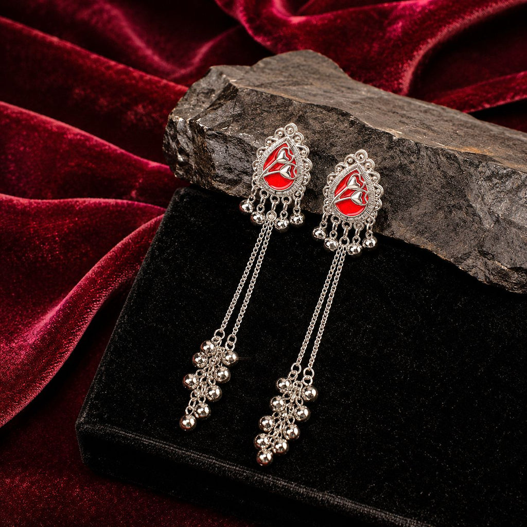 Raannii Ruby Red Kashmiri Long Chain Earrings