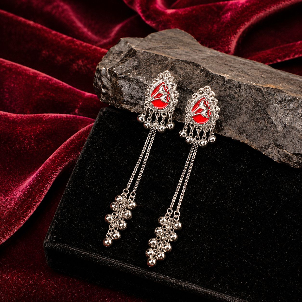 Raannii Ruby Red Kashmiri Long Chain Earrings