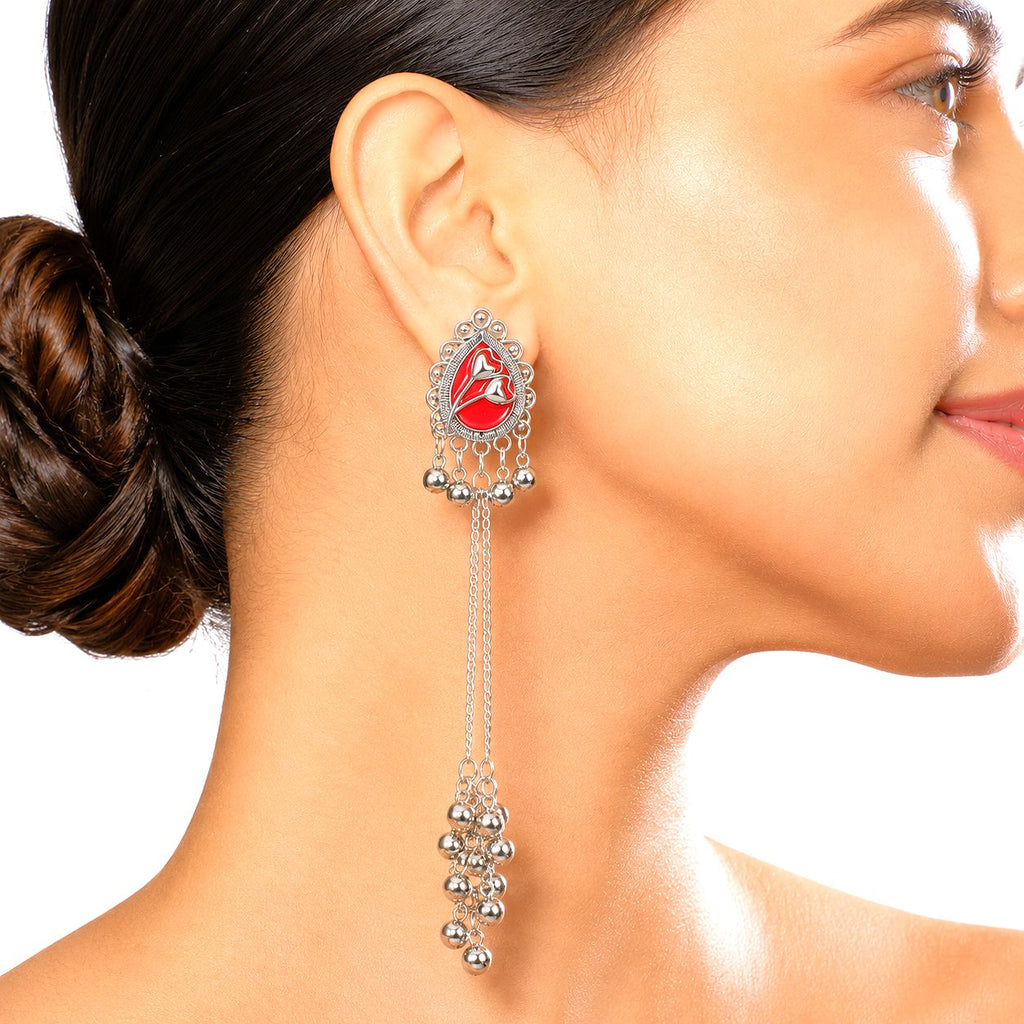 Raannii Ruby Red Kashmiri Long Chain Earrings