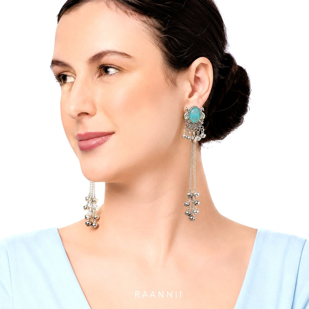 Raannii Turquoise Kashmiri Long Chain Earrings