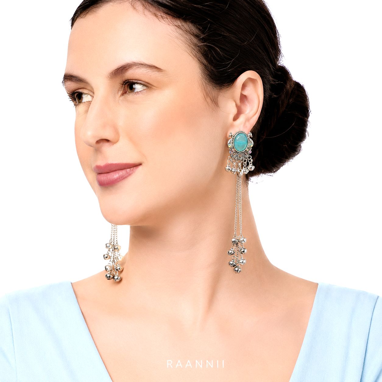 Raannii Turquoise Kashmiri Long Chain Earrings