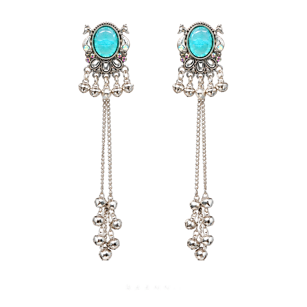 Raannii Turquoise Kashmiri Long Chain Earrings