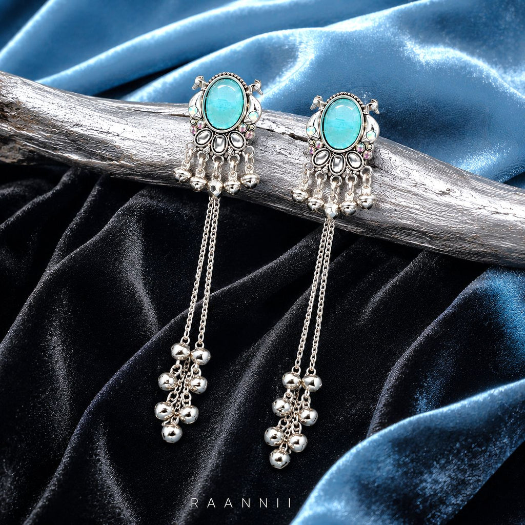 Raannii Turquoise Kashmiri Long Chain Earrings