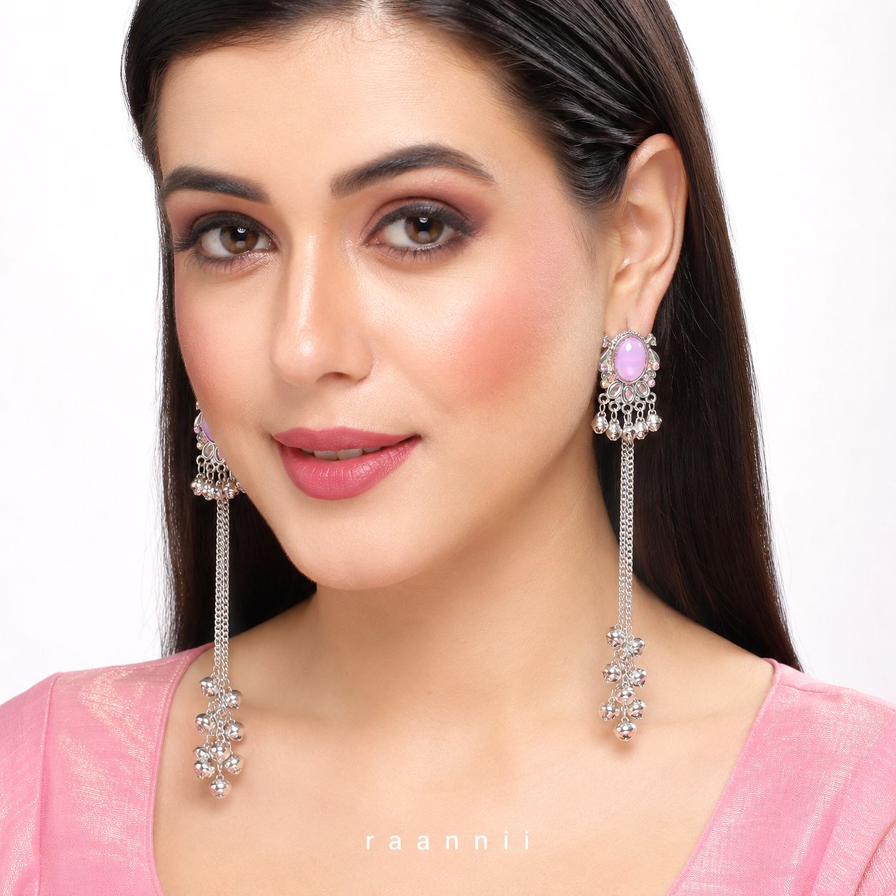 Raannii Pink Stone Kashmiri Long Chain Earrings