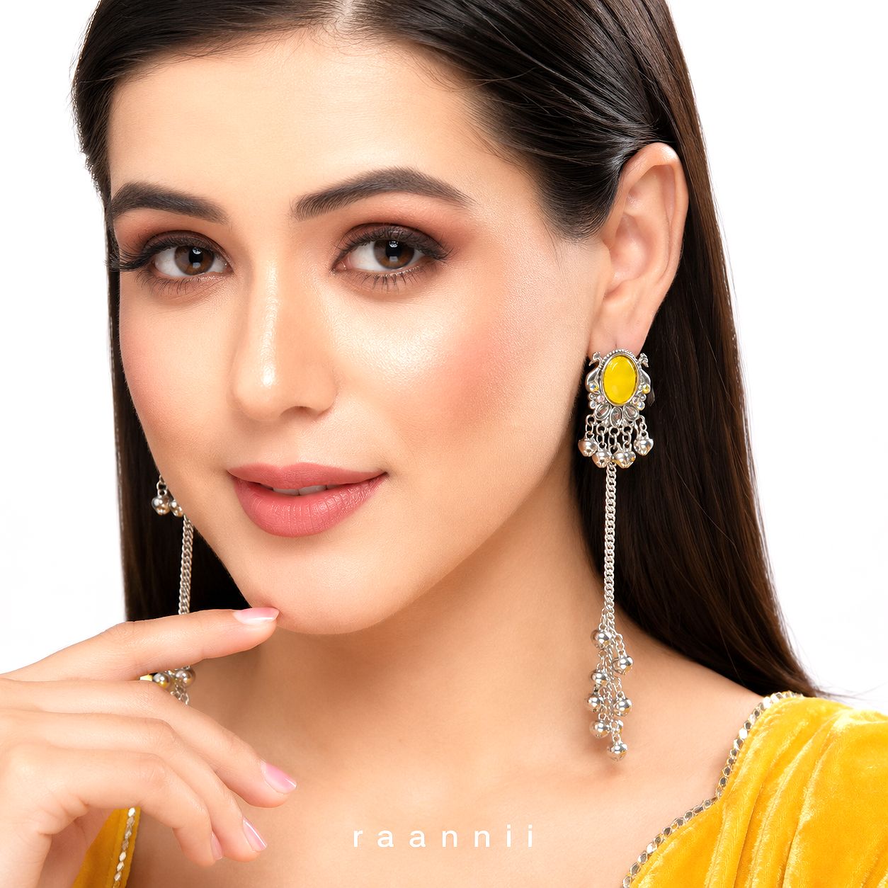 Raannii Kashmiri Yellow Stone Long Chain Earrings