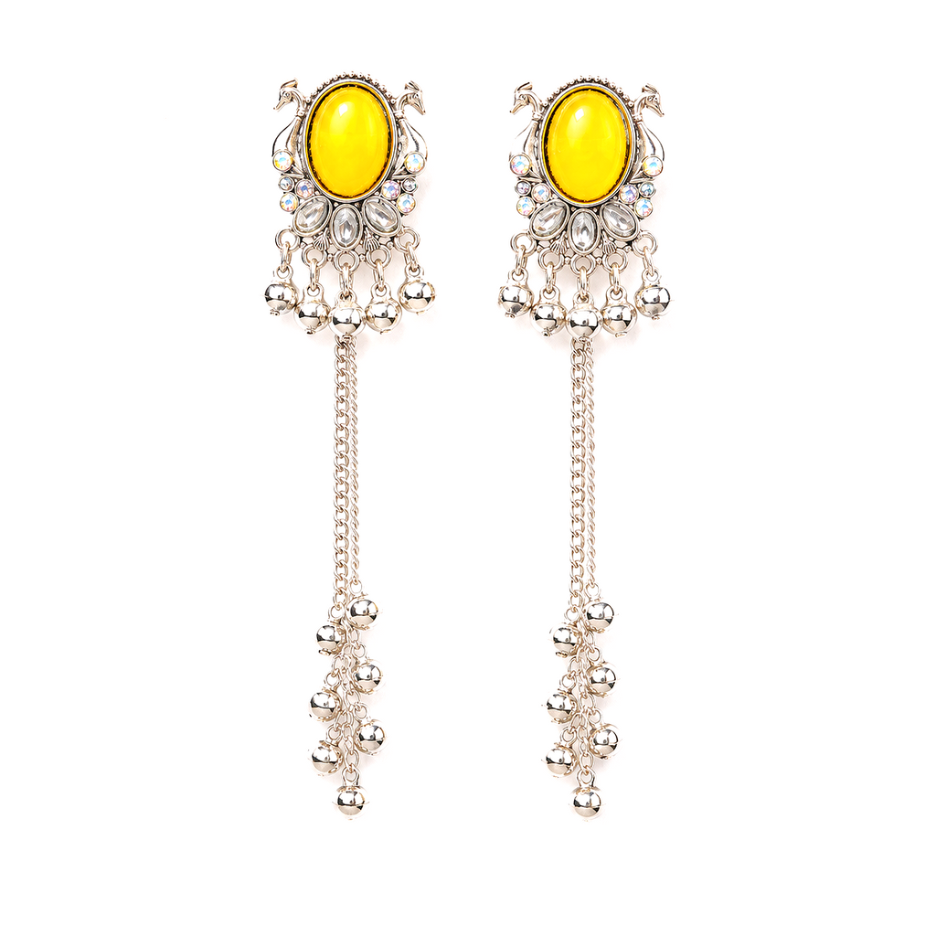 Raannii Kashmiri Yellow Stone Long Chain Earrings
