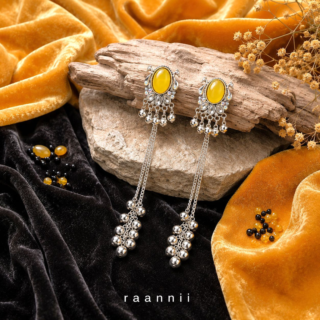 Raannii Kashmiri Yellow Stone Long Chain Earrings