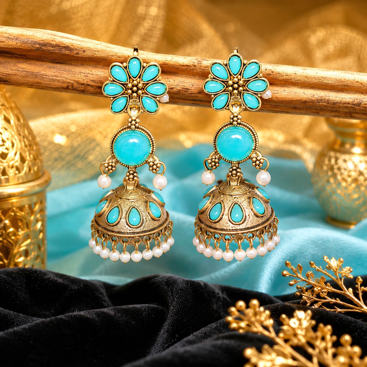 Raannii Earrings – Turquoise Stone Jhumka Dangler Earrings for Women