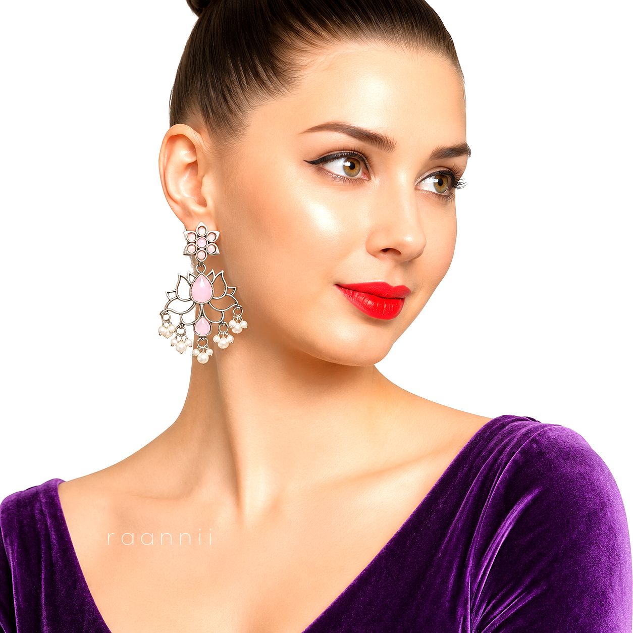 Raannii Earrings – Pink Lotus Pearl Dangler Earrings for Women