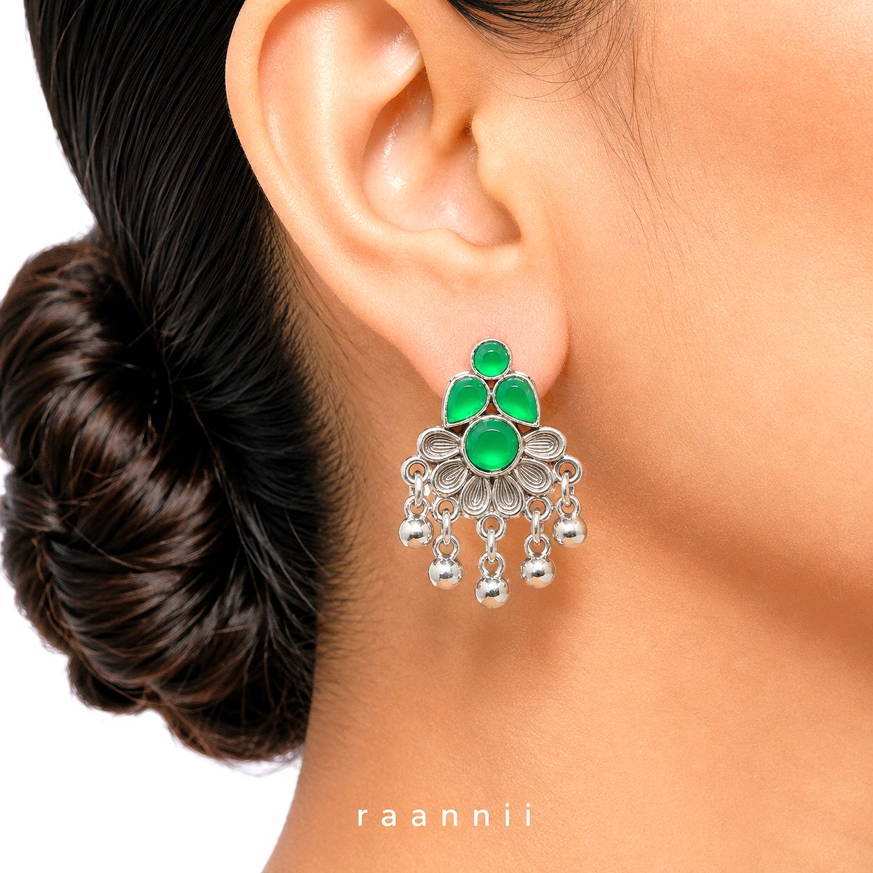 Raannii Earrings – Green Stone Oxidised Dangler Earrings for Women