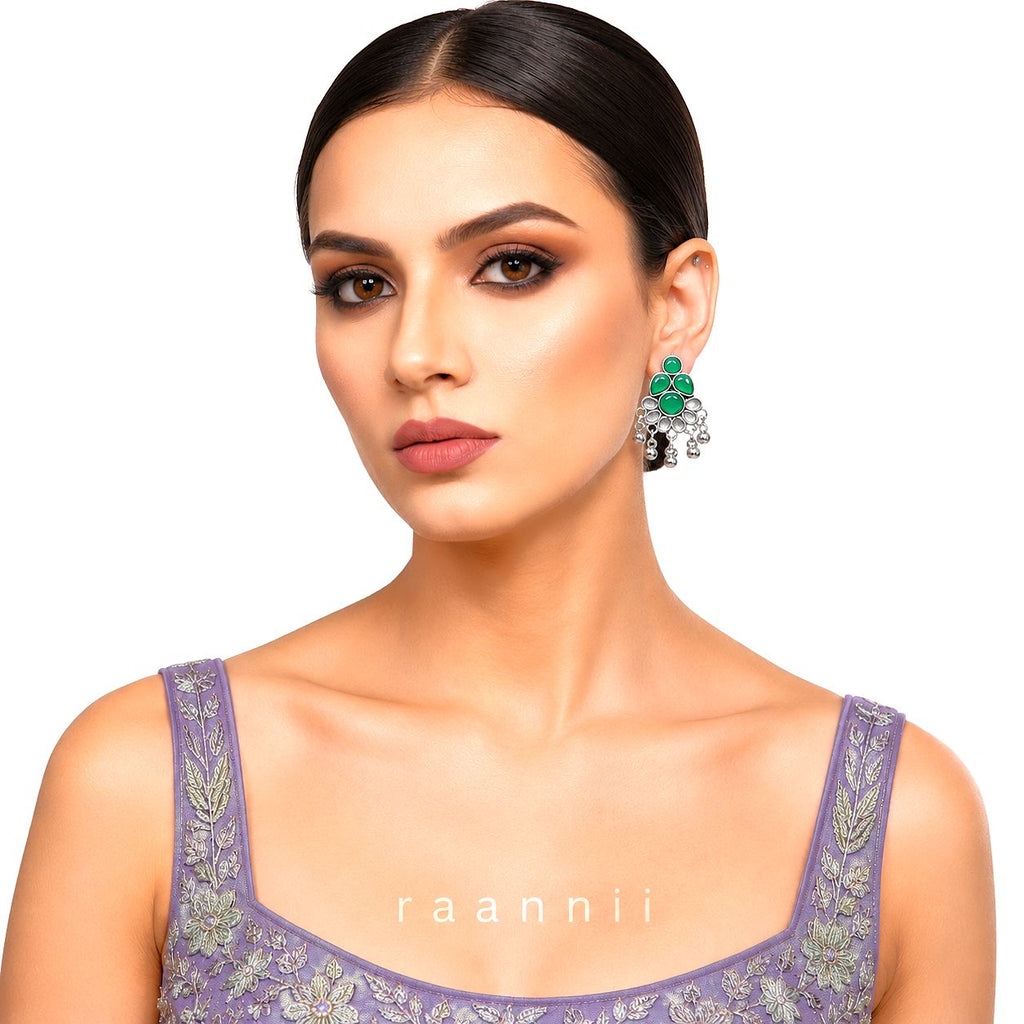 Raannii Earrings – Green Stone Oxidised Dangler Earrings for Women