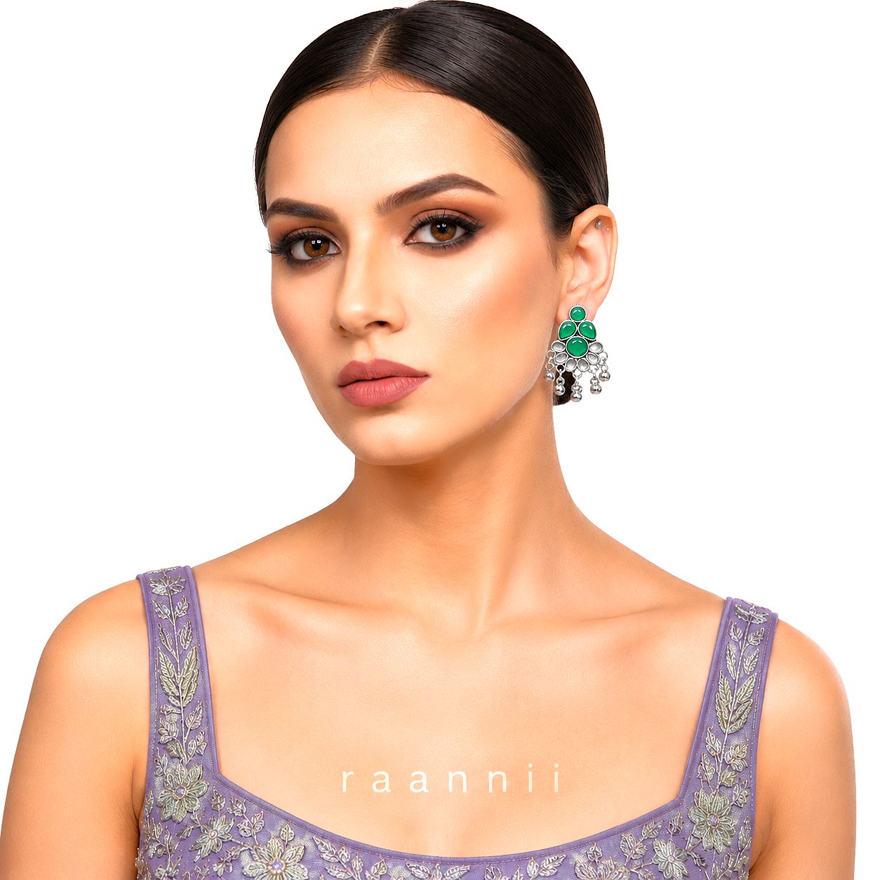 Raannii Earrings – Green Stone Oxidised Dangler Earrings for Women