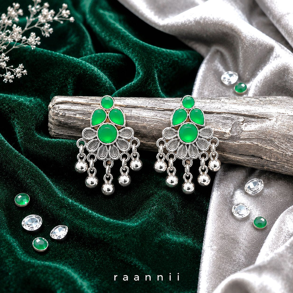 Raannii Earrings – Green Stone Oxidised Dangler Earrings for Women