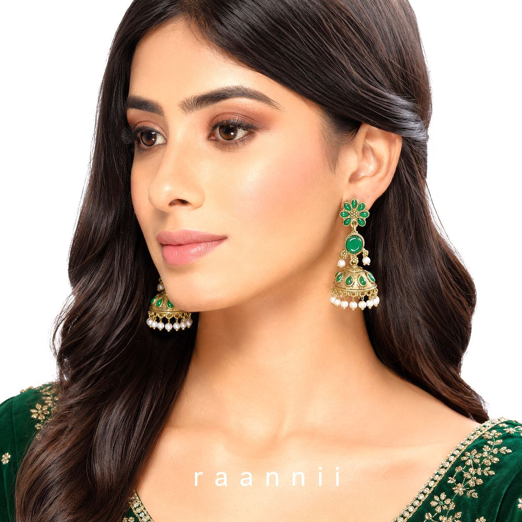 Raannii Earrings – Emerald Green Stone Jhumka Dangler Earrings for Women