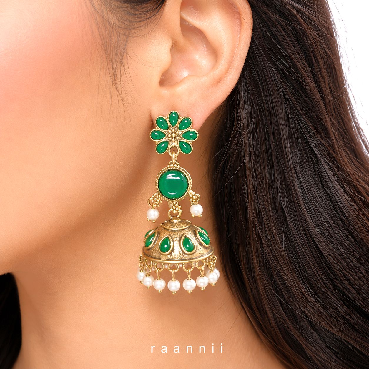 Raannii Earrings – Emerald Green Stone Jhumka Dangler Earrings for Women