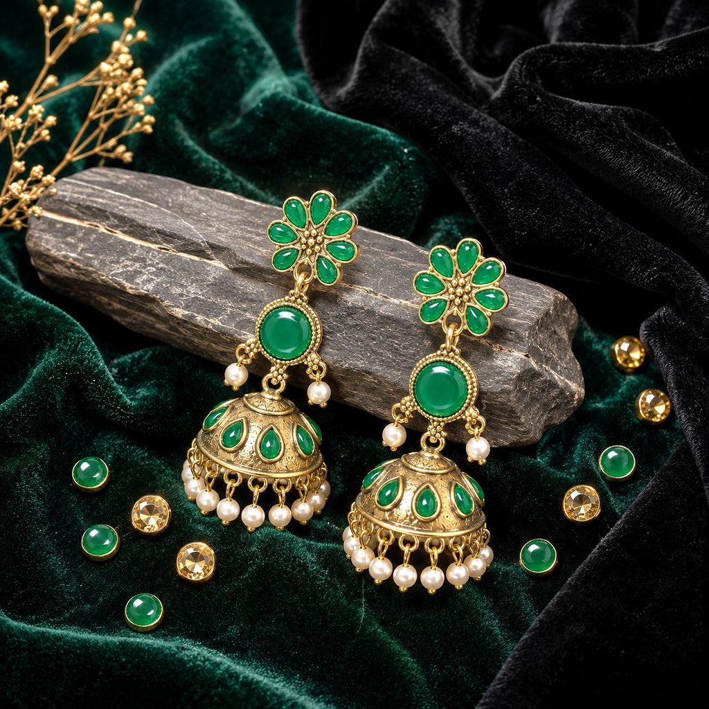 Raannii Earrings – Emerald Green Stone Jhumka Dangler Earrings for Women