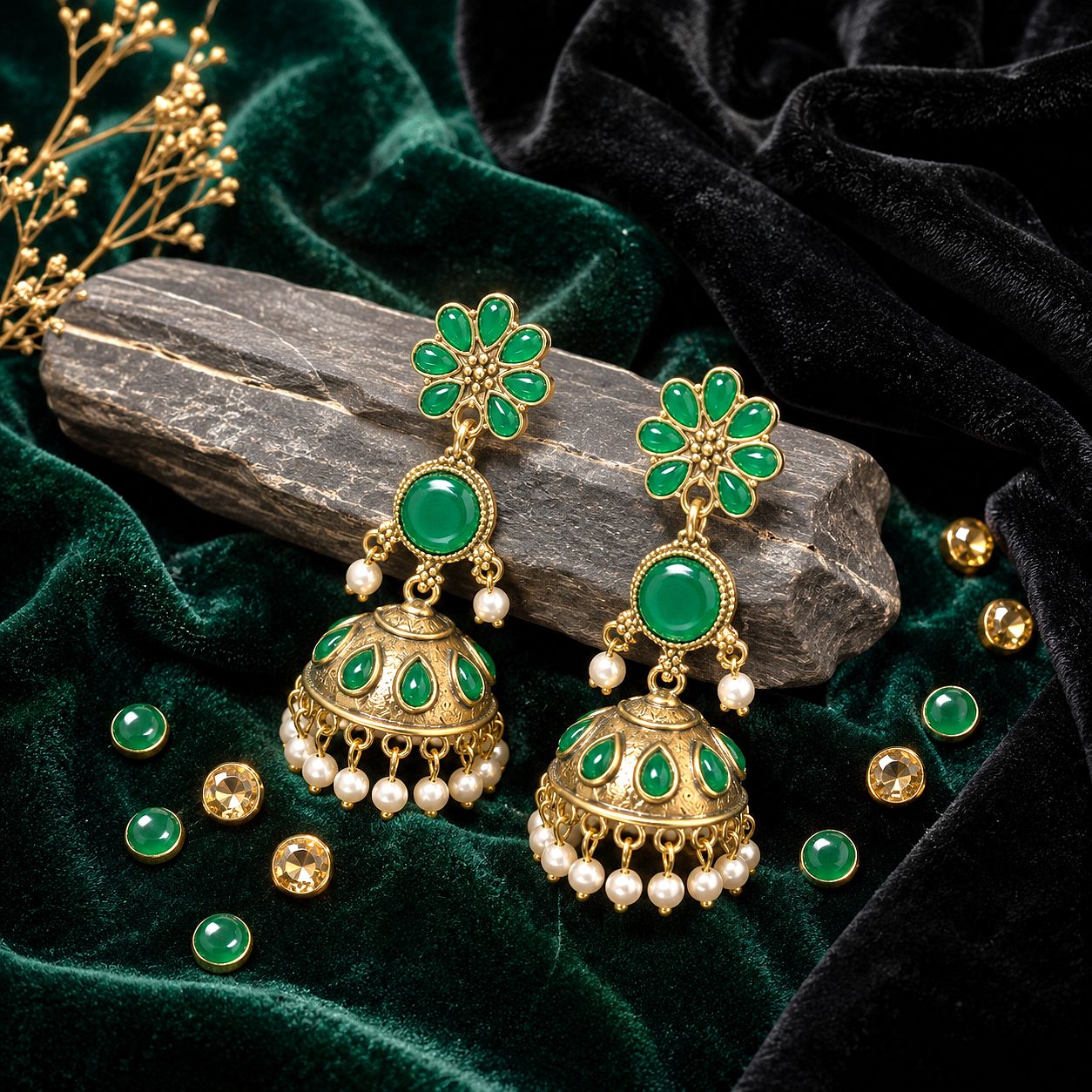 Raannii Earrings – Emerald Green Stone Jhumka Dangler Earrings for Women