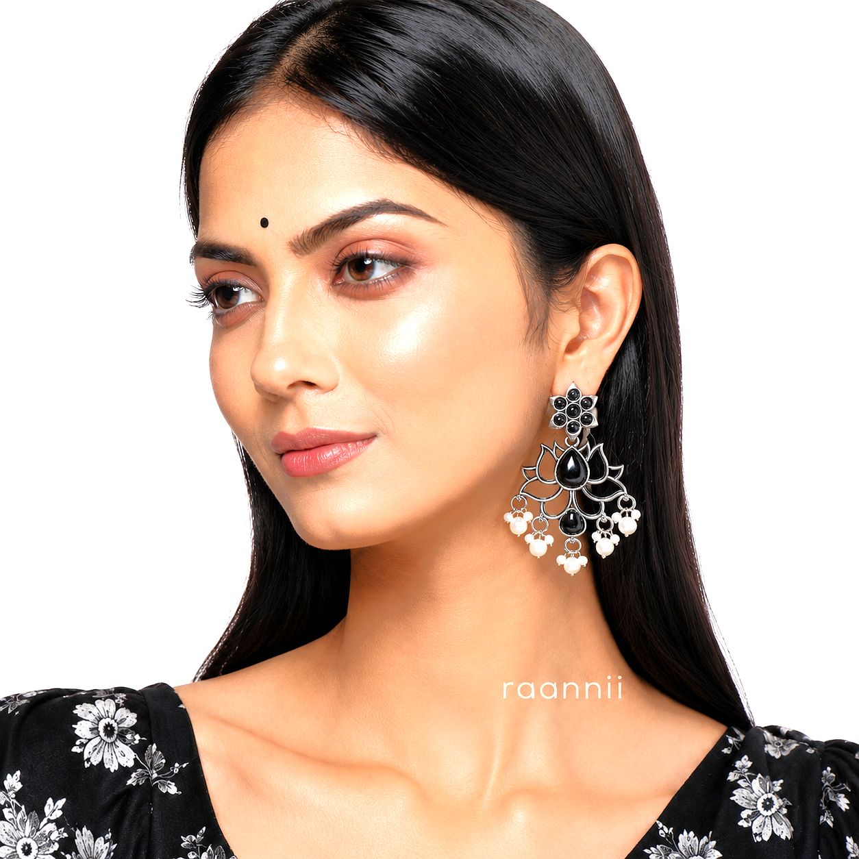 Raannii Black Lotus Earrings – Oxidised Pearl Drop Statement Earrings