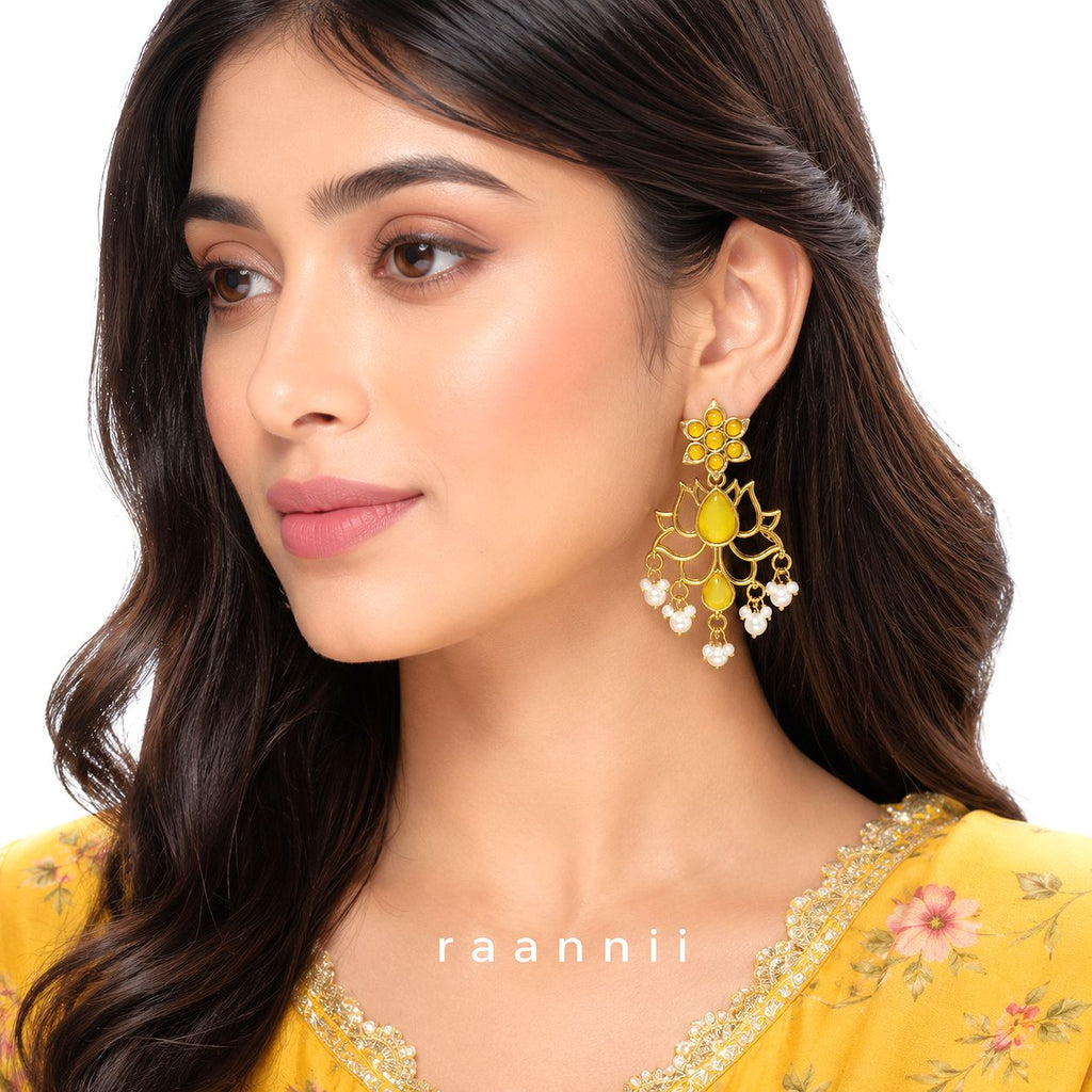 Raannii Yellow Lotus Earrings – Gold Plated Pearl Drop Statement Earrings