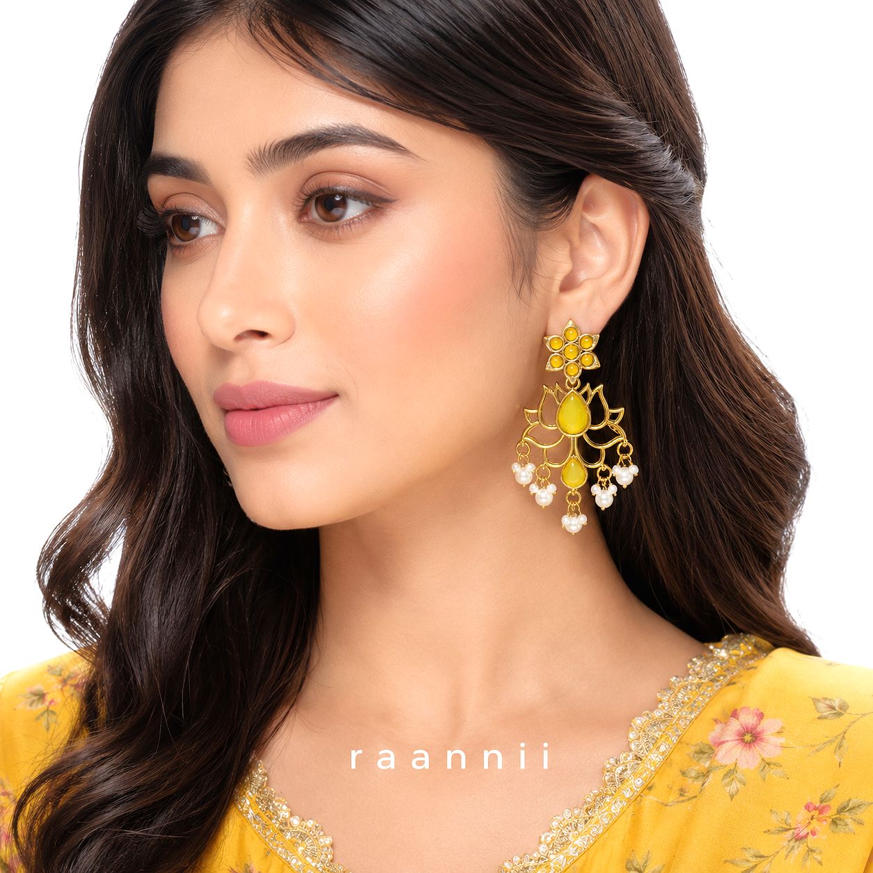 Raannii Yellow Lotus Earrings – Gold Plated Pearl Drop Statement Earrings