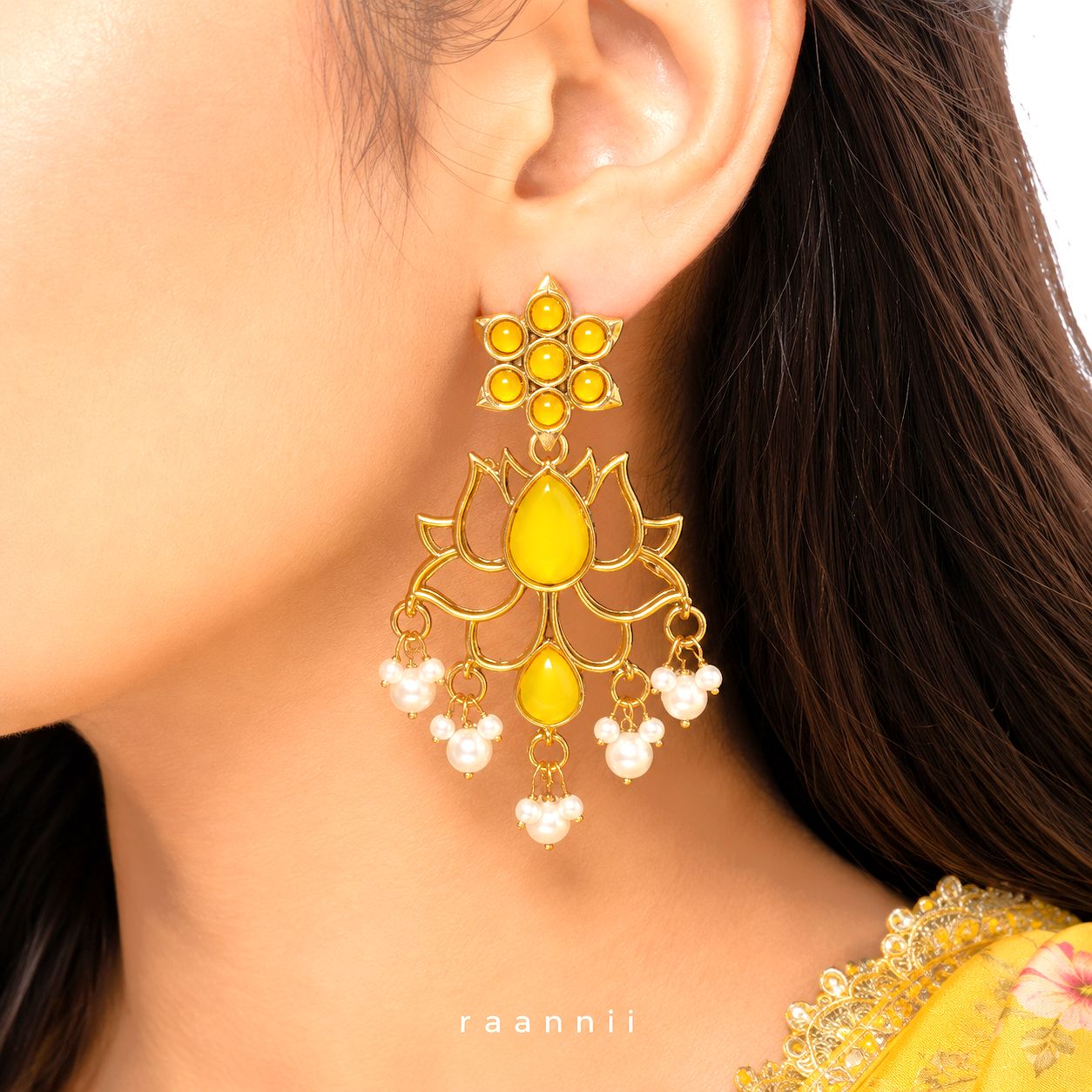 Raannii Yellow Lotus Earrings – Gold Plated Pearl Drop Statement Earrings
