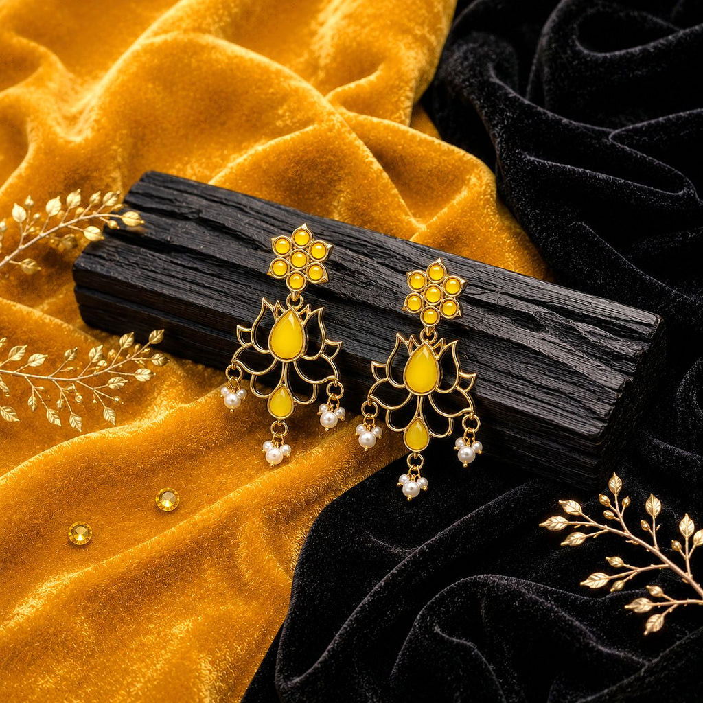 Raannii Yellow Lotus Earrings – Gold Plated Pearl Drop Statement Earrings