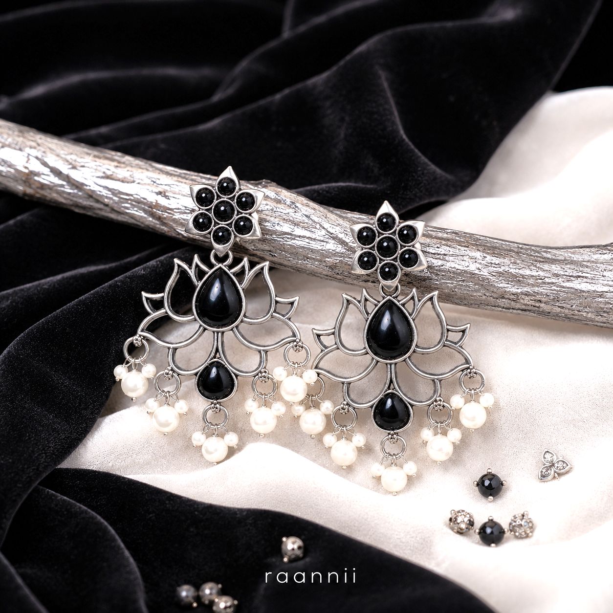 Raannii Black Lotus Earrings – Oxidised Pearl Drop Statement Earrings