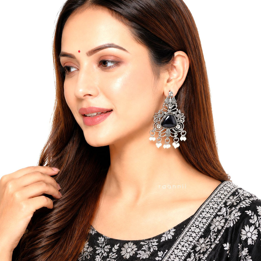 Raannii Black Stone Oxidised Earrings – Pearl Drop Statement Dangler