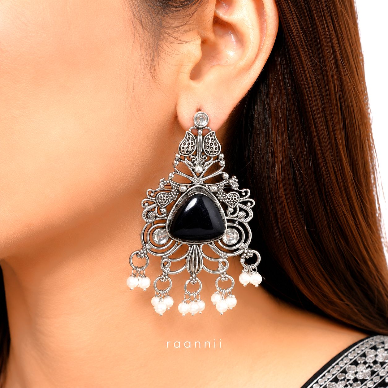 Raannii Black Stone Oxidised Earrings – Pearl Drop Statement Dangler