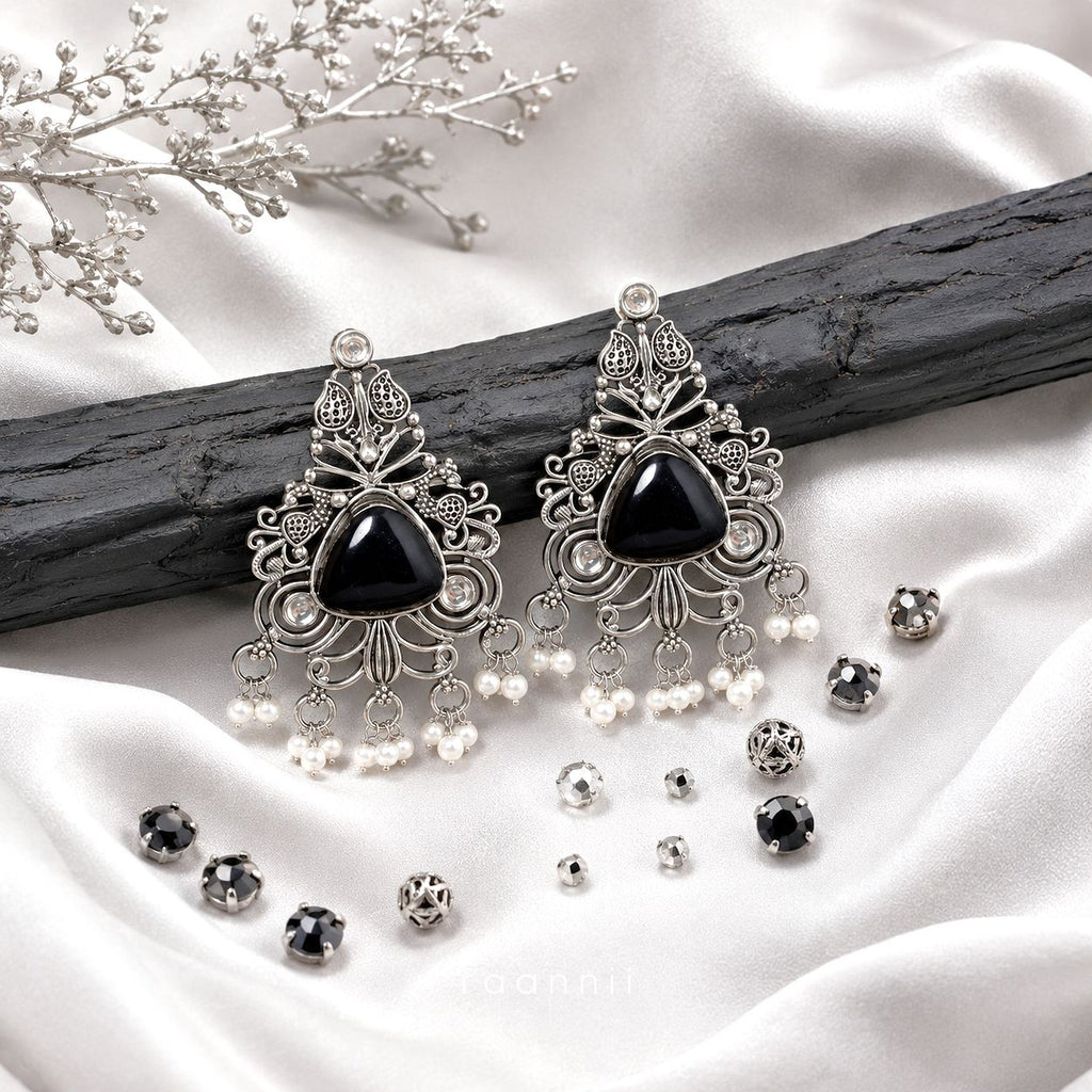 Raannii Black Stone Oxidised Earrings – Pearl Drop Statement Dangler