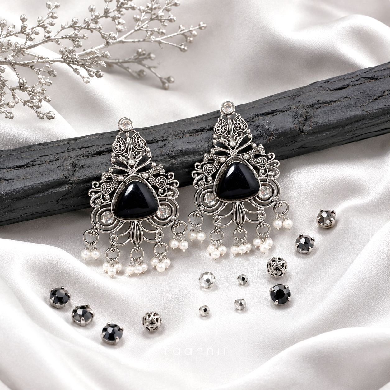 Raannii Black Stone Oxidised Earrings – Pearl Drop Statement Dangler