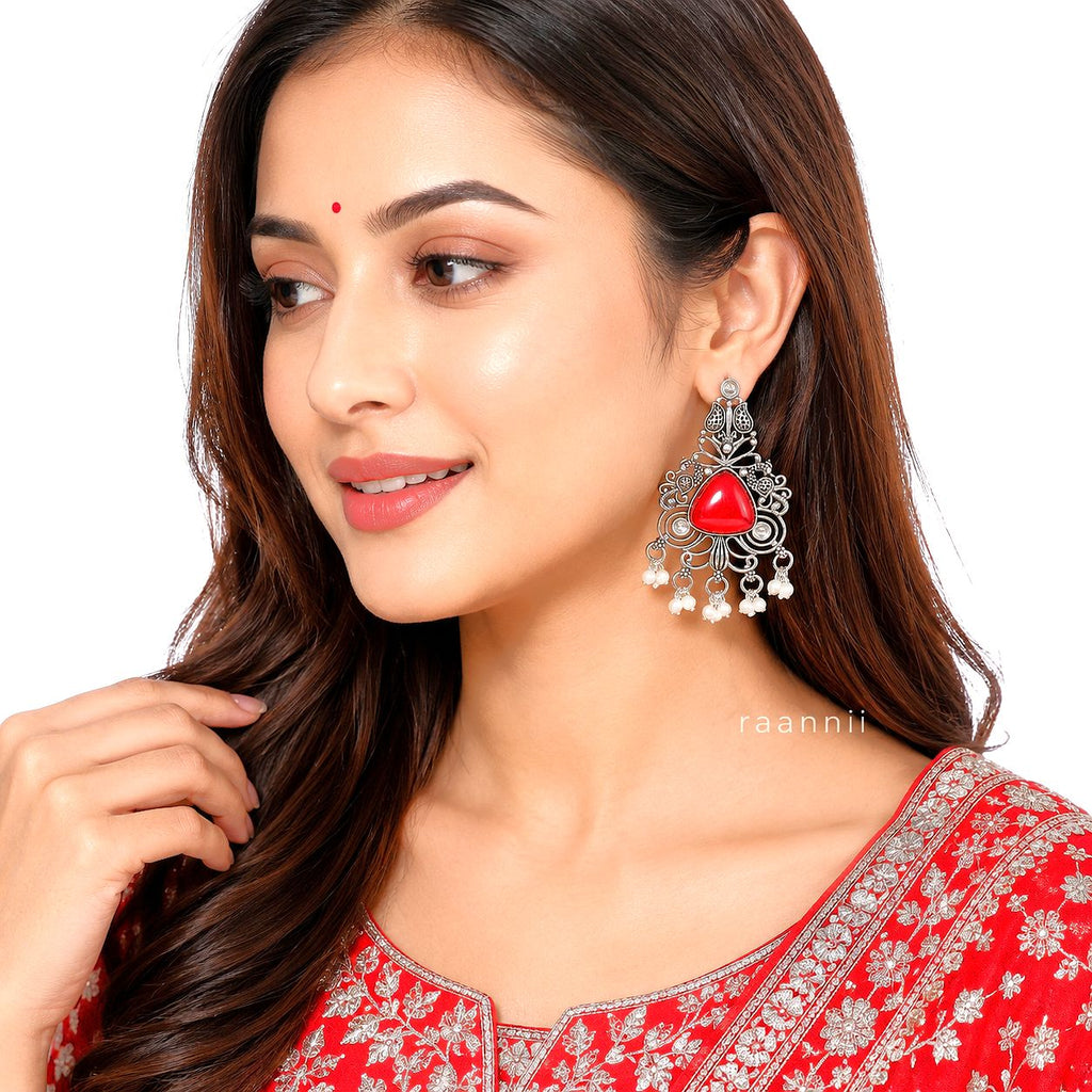 Raannii Earrings – Red Stone Oxidised Dangler Earrings with Pearl Drops