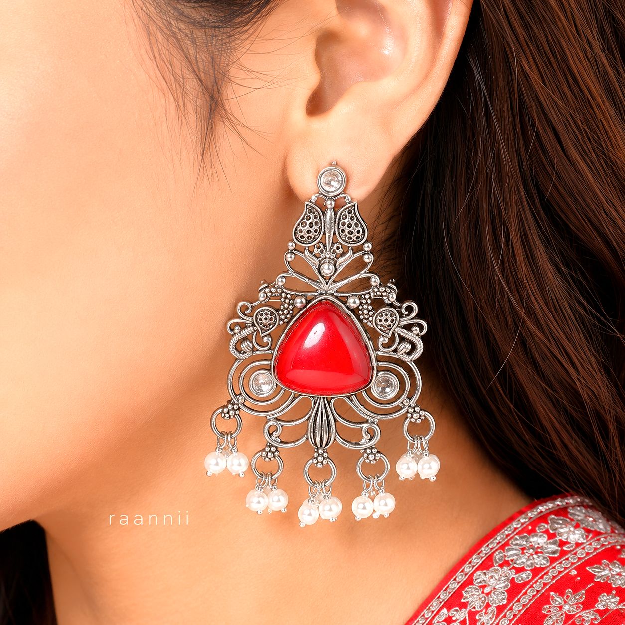 Raannii Earrings – Red Stone Oxidised Dangler Earrings with Pearl Drops