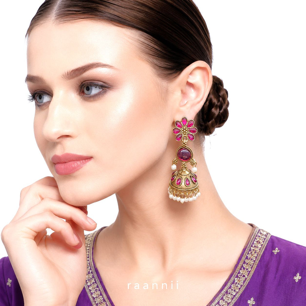 Raannii Earrings – Ruby Pink Stone Jhumka Dangler Earrings for Women