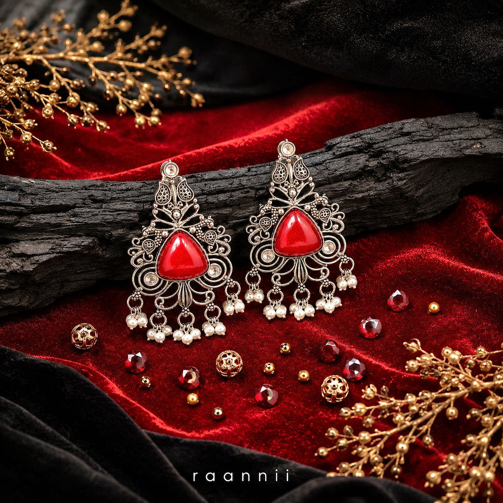 Raannii Earrings – Red Stone Oxidised Dangler Earrings with Pearl Drops