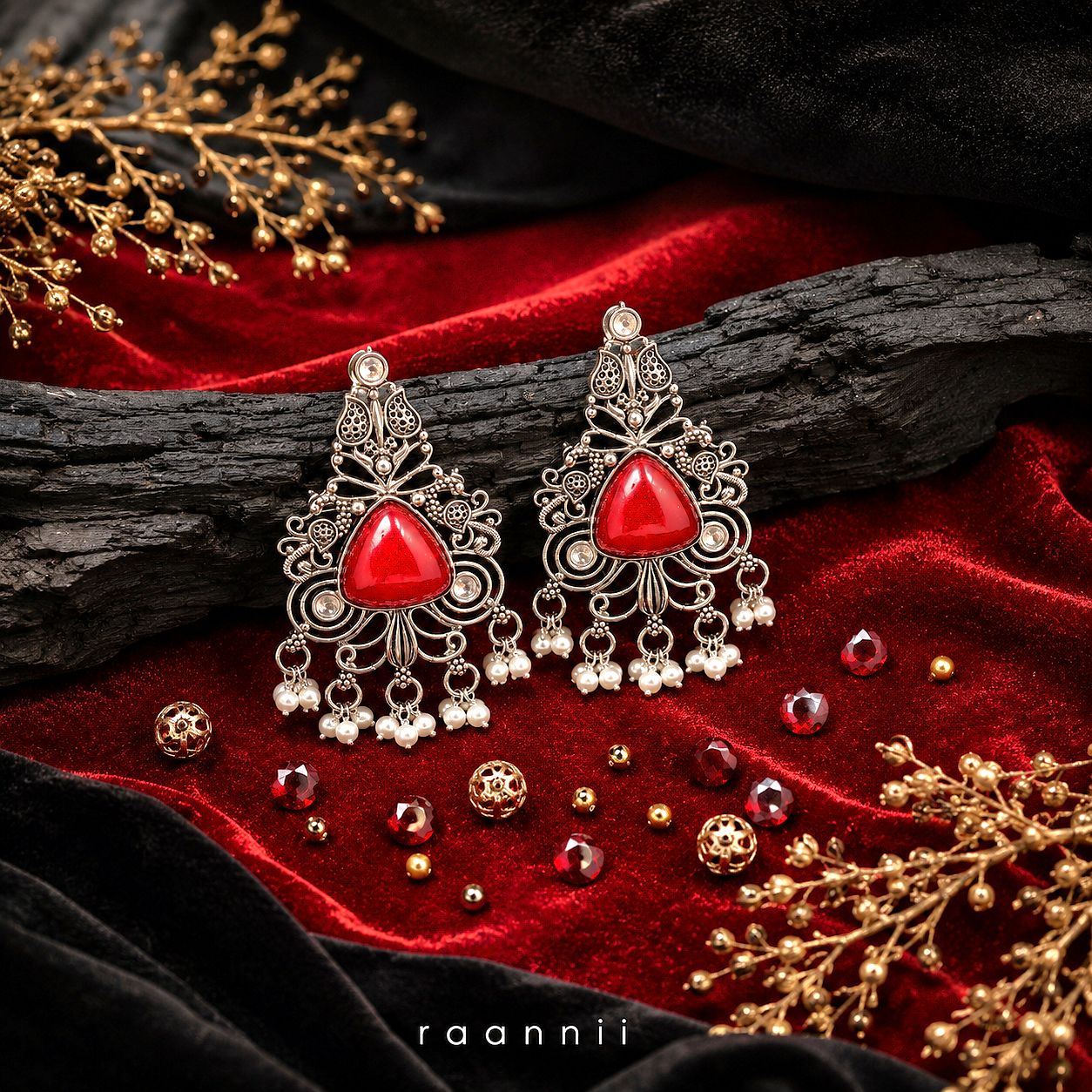 Raannii Earrings – Red Stone Oxidised Dangler Earrings with Pearl Drops
