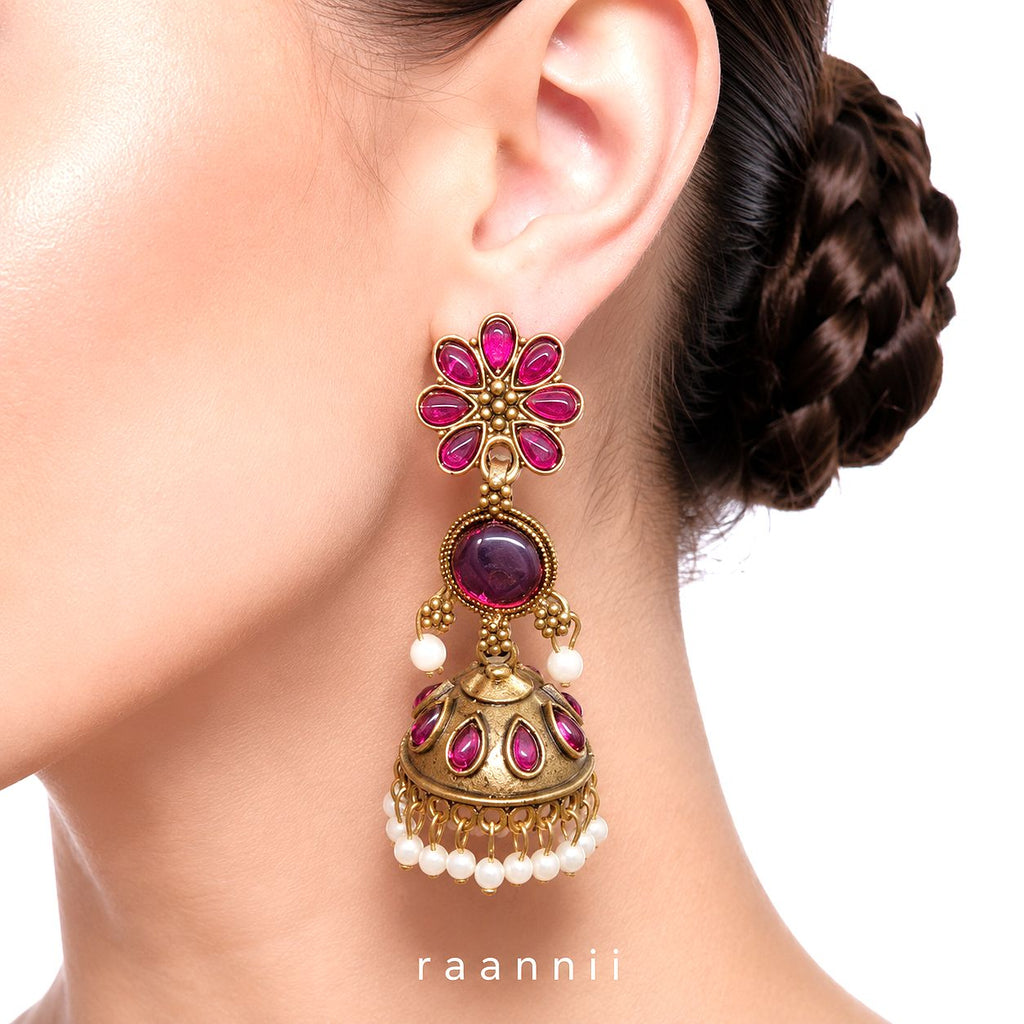 Raannii Earrings – Ruby Pink Stone Jhumka Dangler Earrings for Women